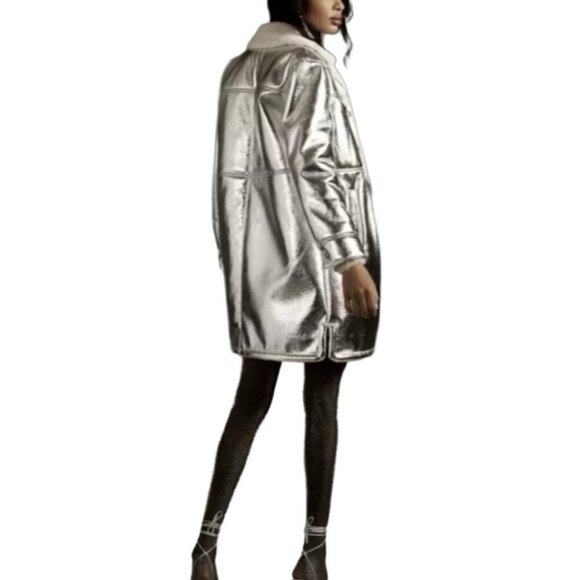 7 For All Mankind Women's Coat Size XS Metallic Silver Jacket Faux Fur NWT - Picture 2 of 16